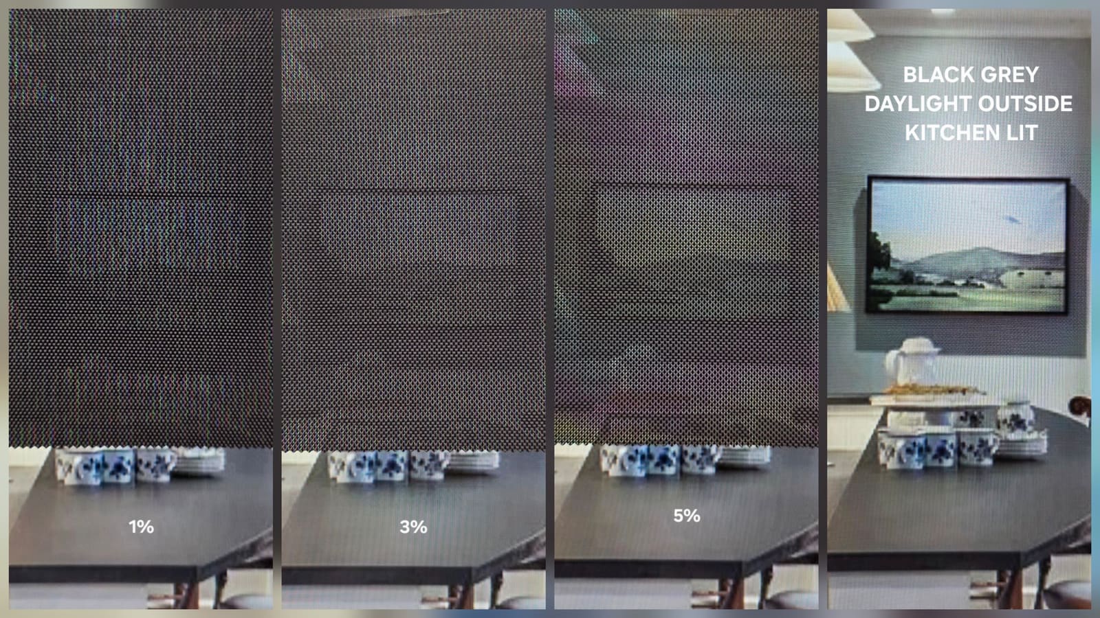 Black-grey screen fabric at 1%, 3% and 5% openness in daylight, beside the unshaded kitchen