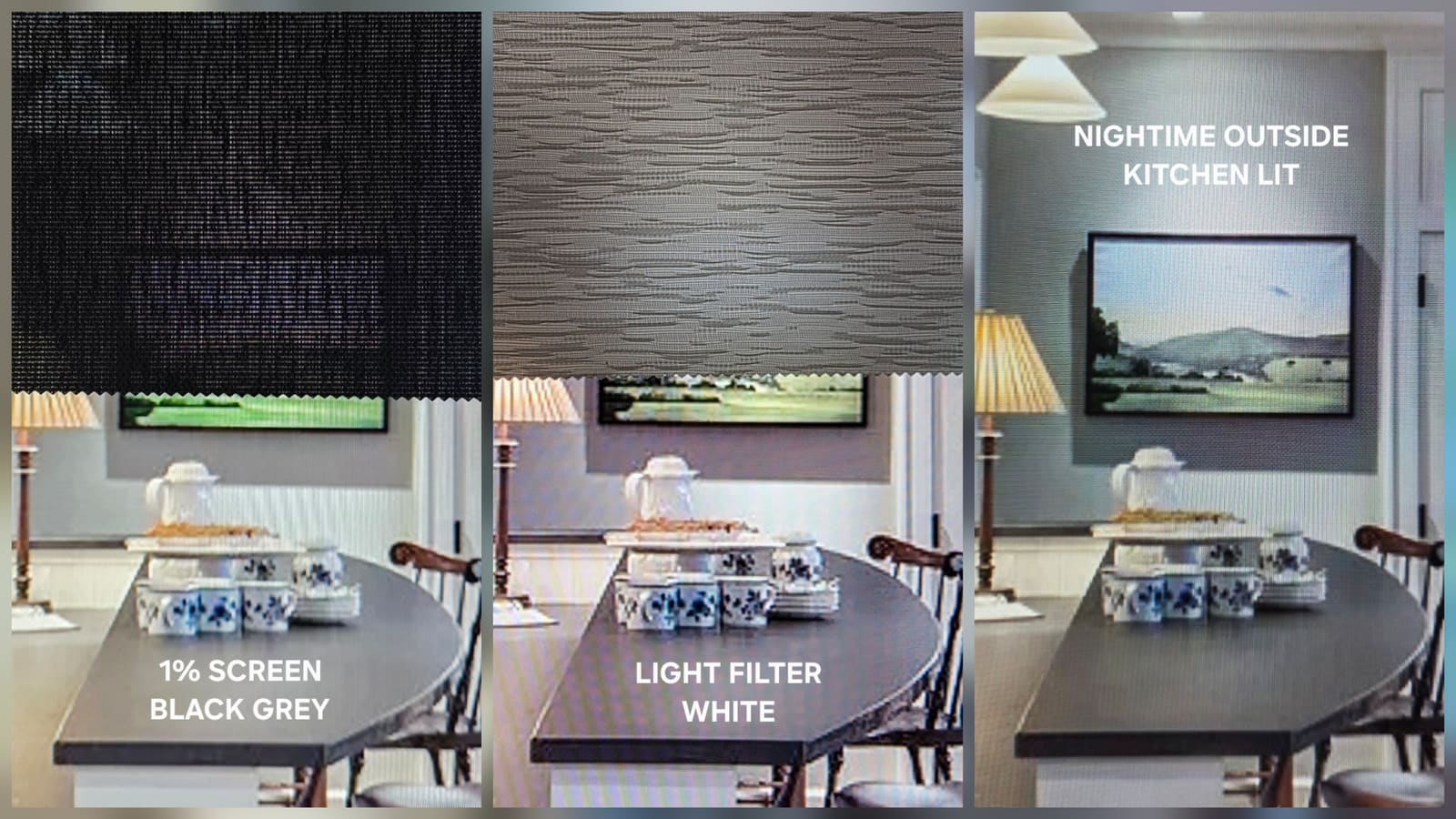 A 1% black-grey screen and a white light-filtering shade side by side at night, with an unshaded view of the lit kitchen behind